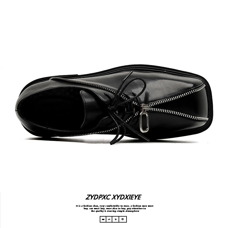 Thick Bottom Square Toe Men's Trendy Unique Punk Zipper Design Trendy Black Business Leather Shoes