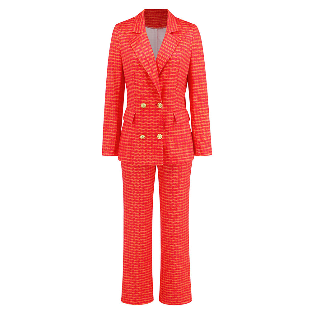 Women's Fashion Houndstooth Double Breasted Blazer Slim-fit Straight Trousers Suit