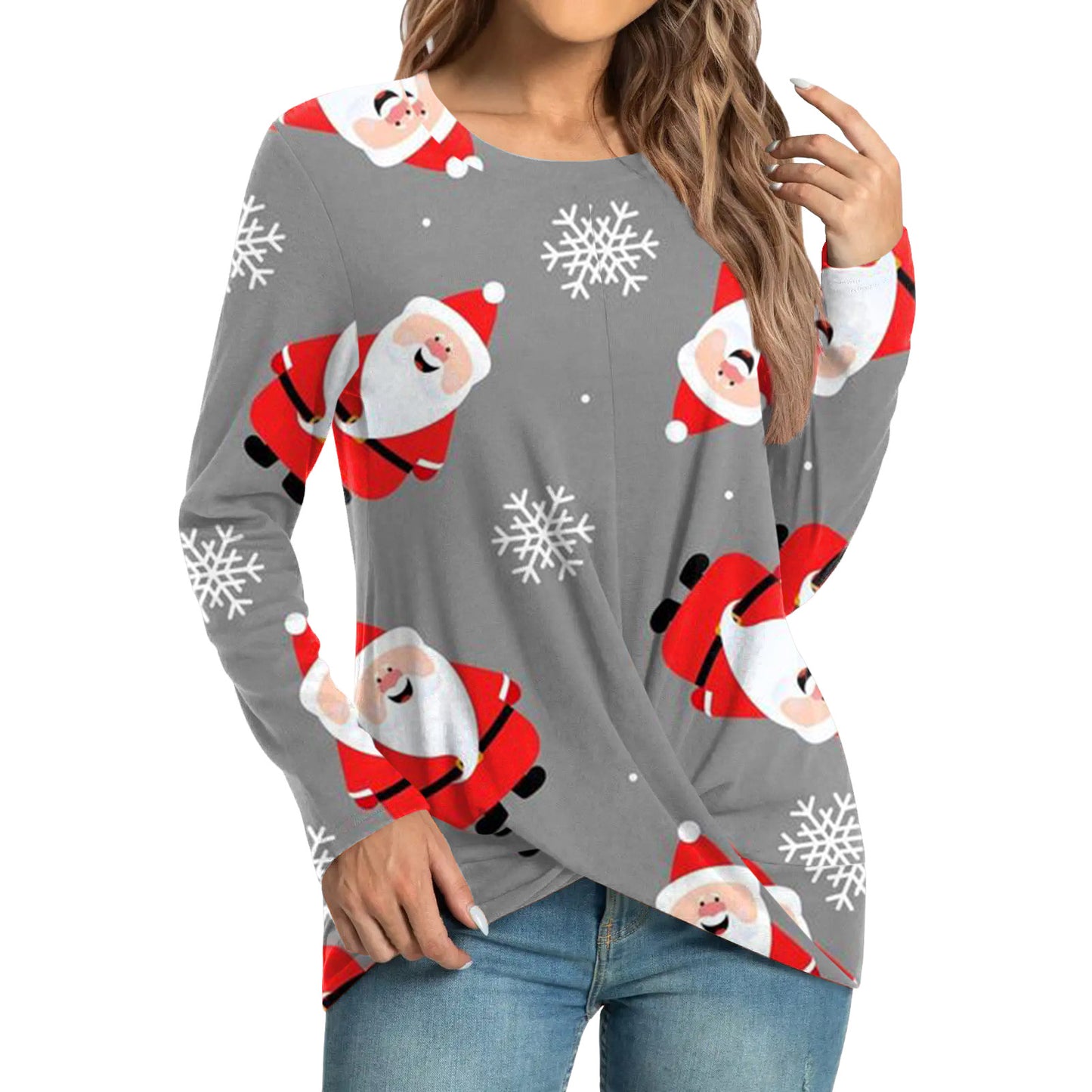 Women's Fashion Casual Christmas Element Printing Round Neck Long Sleeve Top