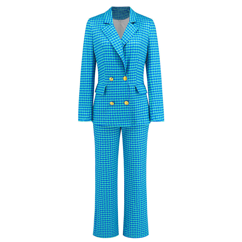 Women's Fashion Houndstooth Double Breasted Blazer Slim-fit Straight Trousers Suit