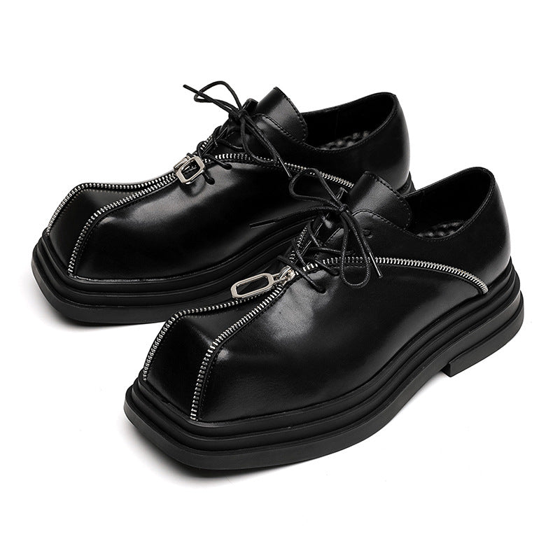 Thick Bottom Square Toe Men's Trendy Unique Punk Zipper Design Trendy Black Business Leather Shoes