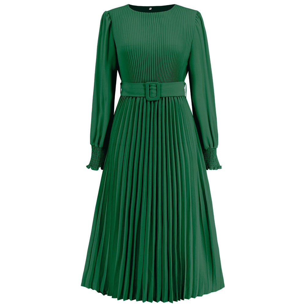 Women's Graceful And Fashionable Round Neck Bubble Long Sleeve Pleated A- Line Skirt