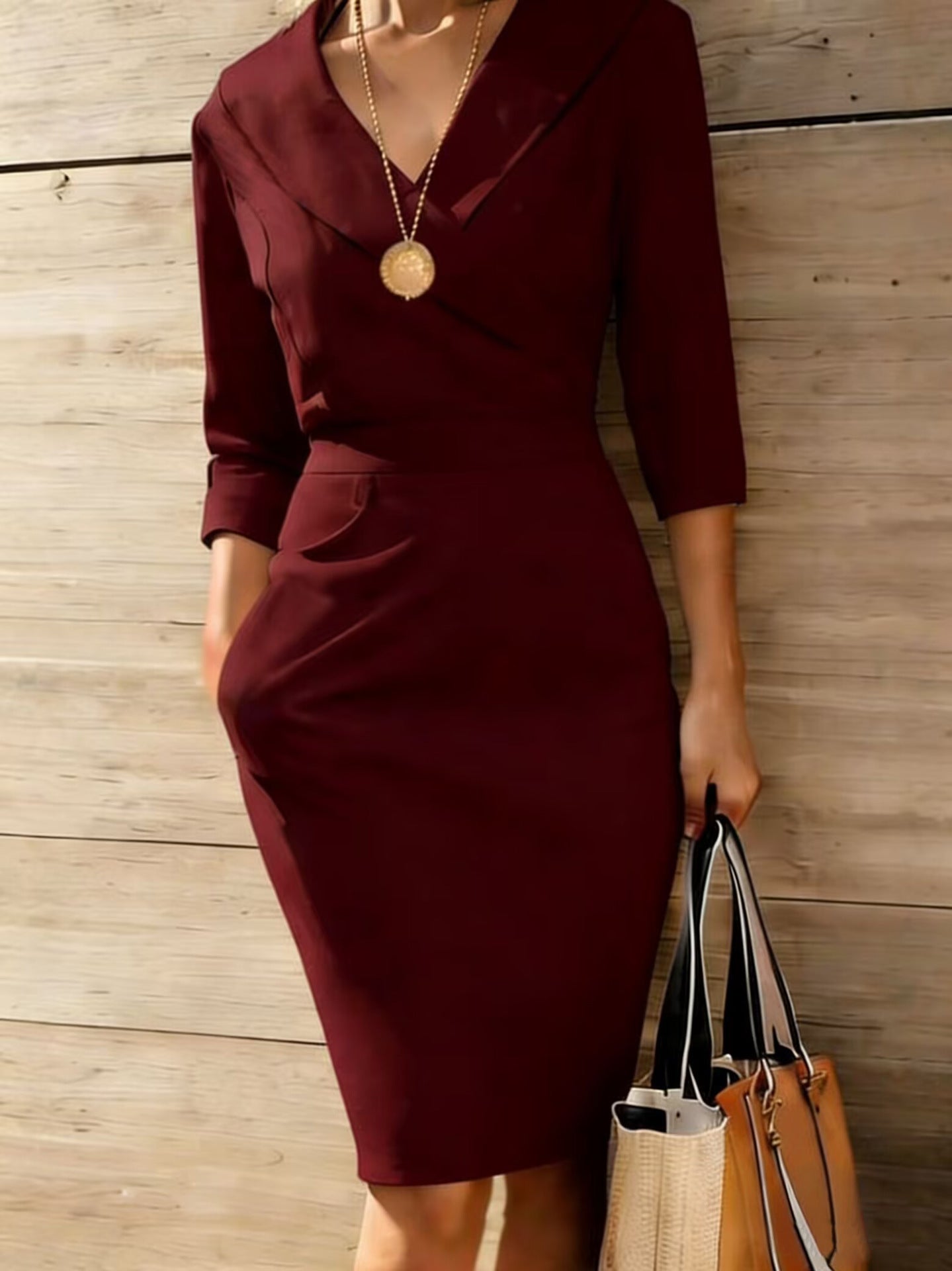 New SpringSummer V-neck Solid-Color Waist-Cinching Elegant Dress