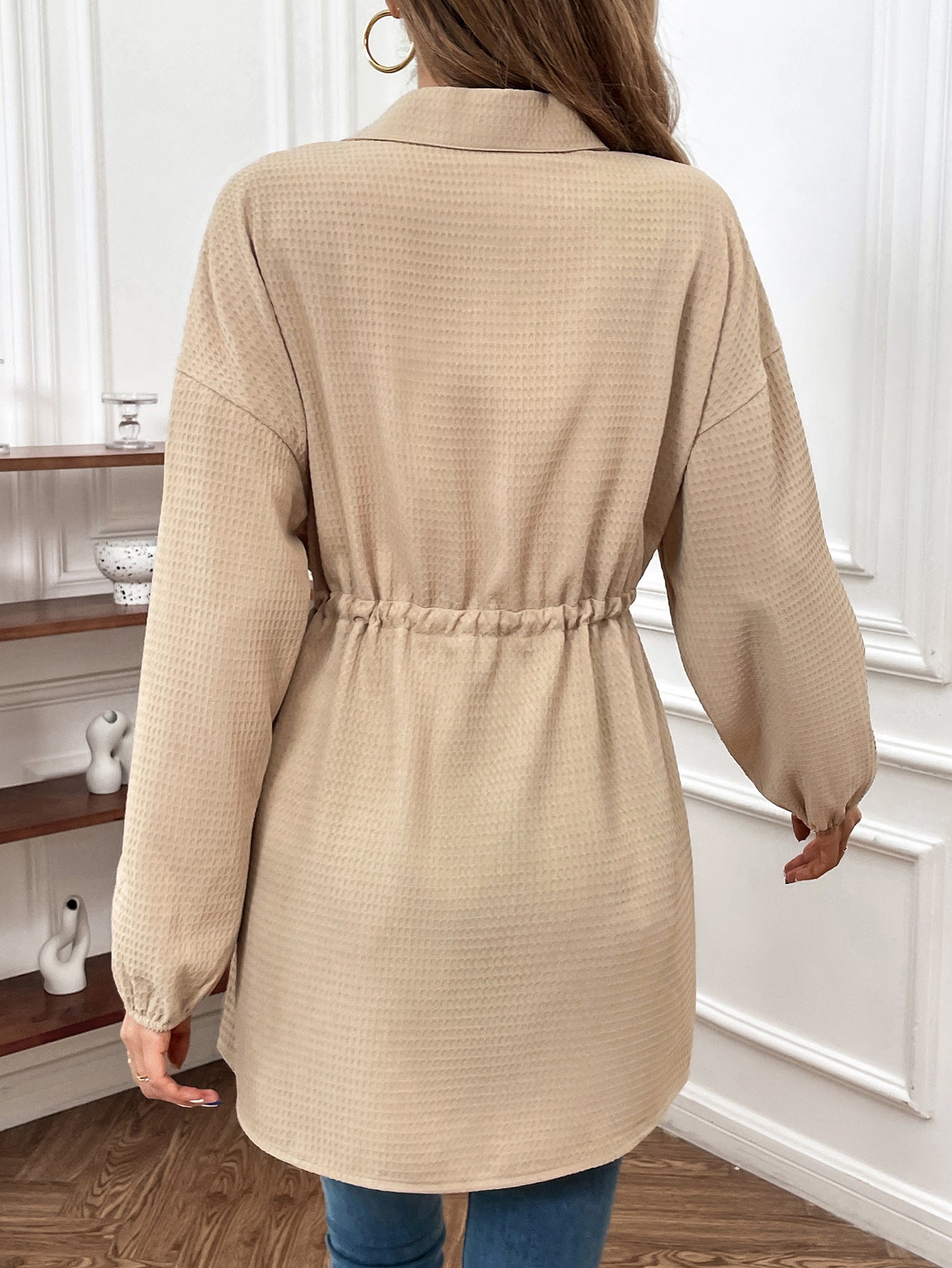 Women's Fashionable Elegant Drawstring Waist Loose Long Sleeve Top