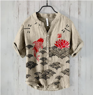 Literary Men's Ocean Print Linen Short Sleeve Loose Casual Top