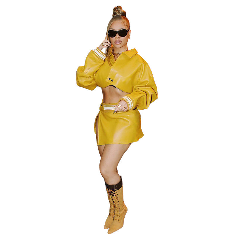Women's Fashion Solid Color Faux Leather Short Top High Waist Hip-wrapped Skirt Suit