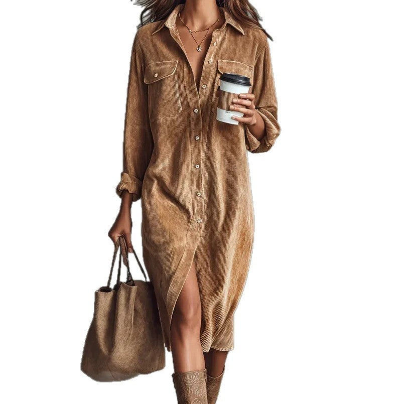 Corduroy Long Sleeve Lapel Shirt Loose Long Dress