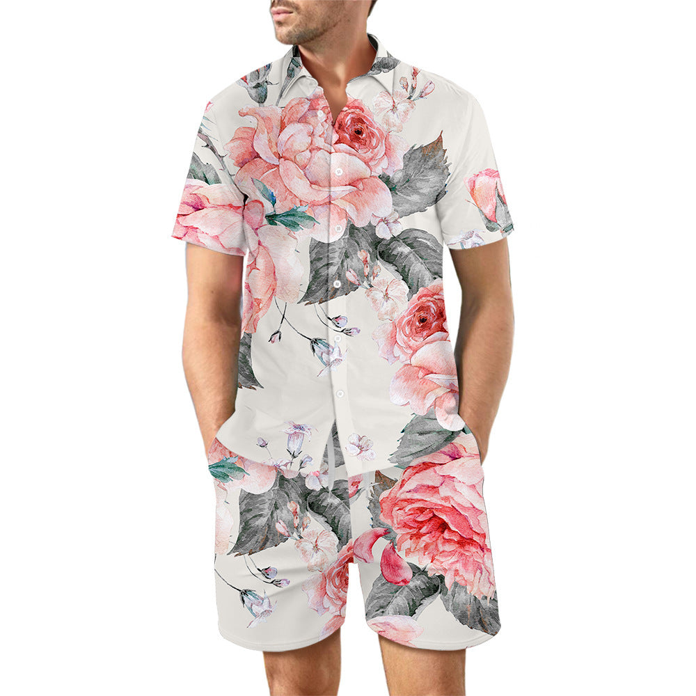 2Pcs Printed Beach Shirt Summer Suit Loose Lapel Button Top And Drawstring Pockets Shorts Casual Short Sleeve Suits For Men Clothing