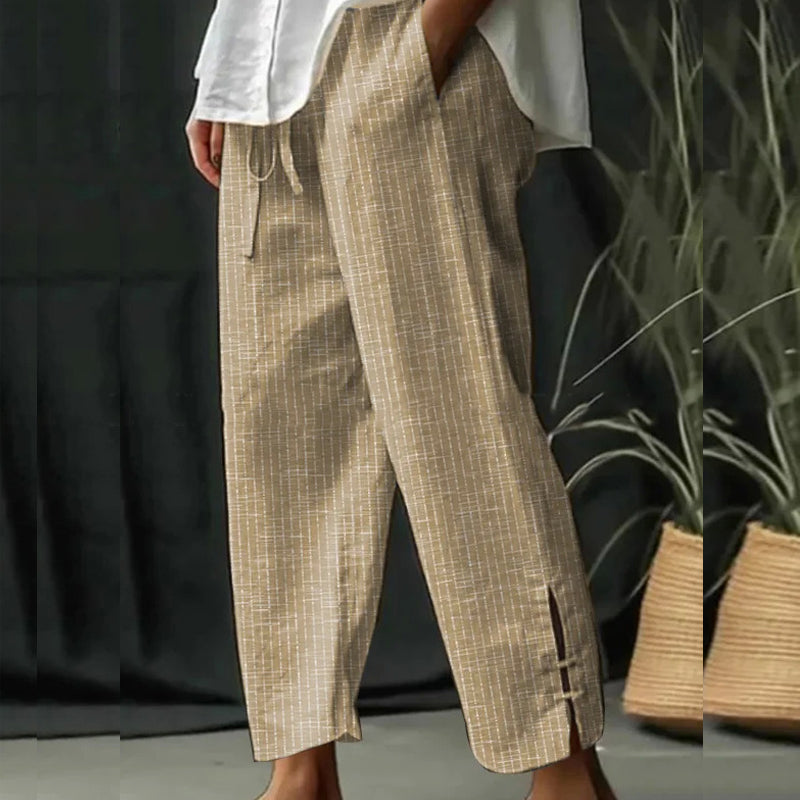 New Cotton And Linen Stripes Loose-fit Tappered Trousers