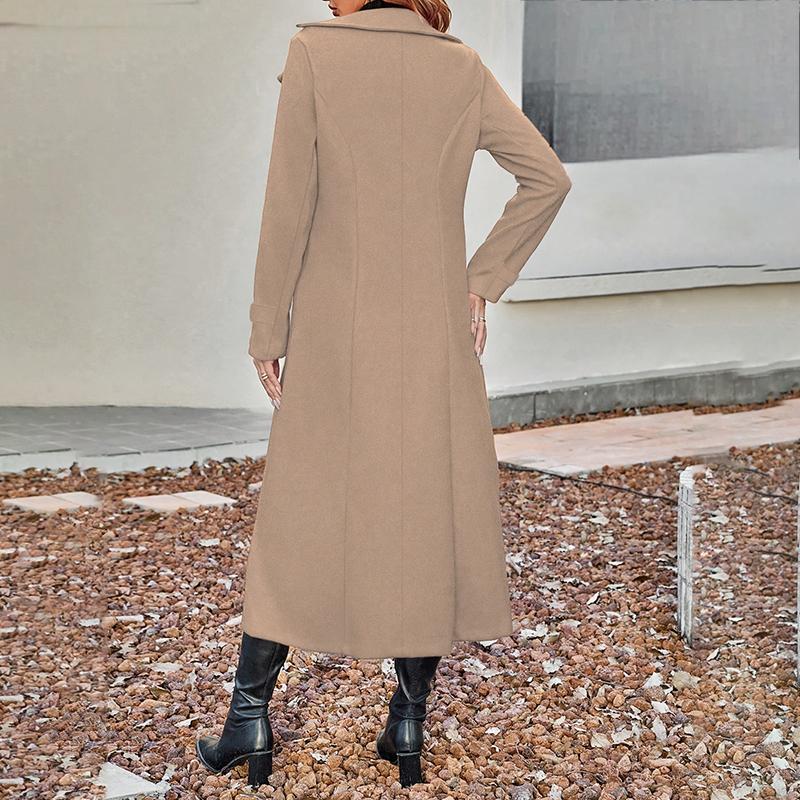 Women's Fall Winter Double Breasted Wool Coat Long Sleeve Notch Lapel Midi Long Trench Coat