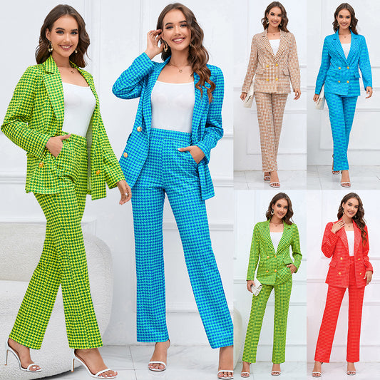 Women's Fashion Houndstooth Double Breasted Blazer Slim-fit Straight Trousers Suit