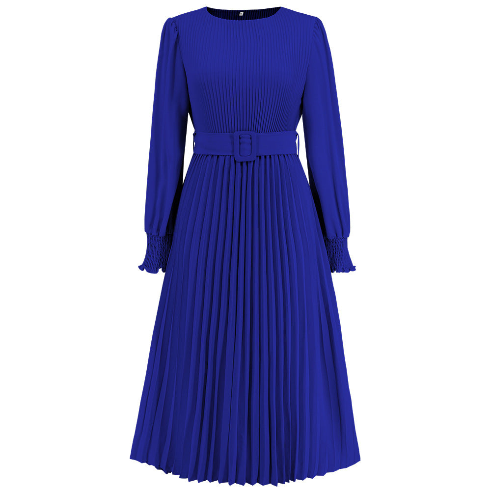 Women's Graceful And Fashionable Round Neck Bubble Long Sleeve Pleated A- Line Skirt