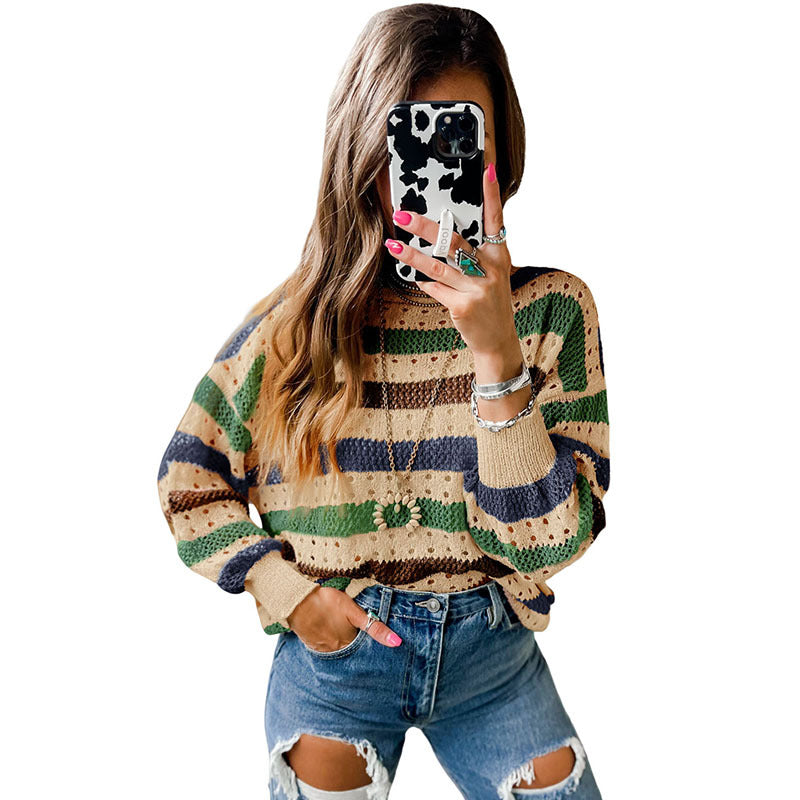 Leisure Personality Stitching Striped Round Neck Sweater