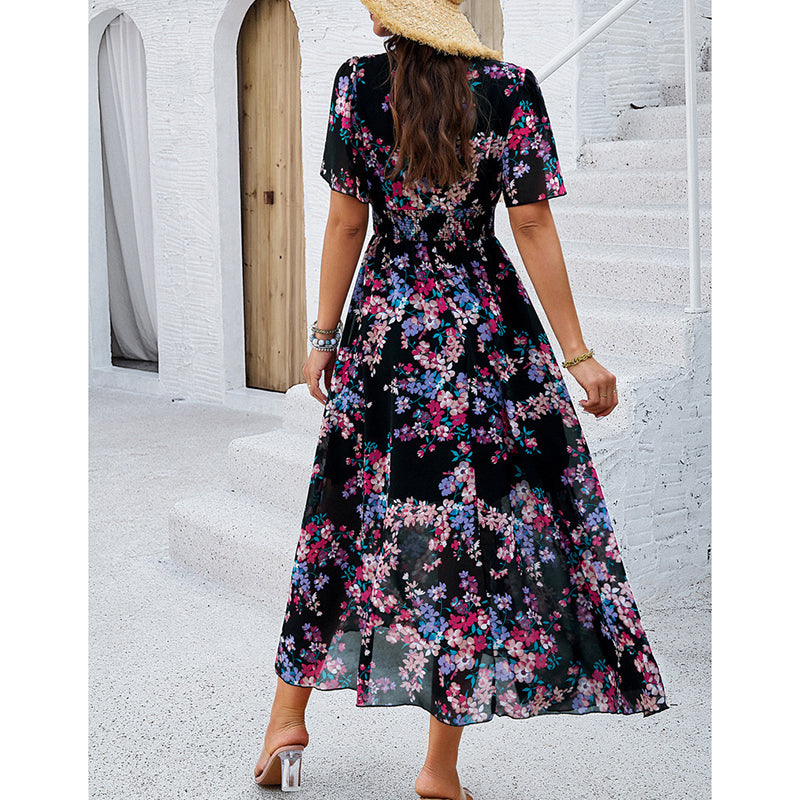 Women's Floral Puff Sleeve Midi Dress - Boho V-Neck Smocked Dress