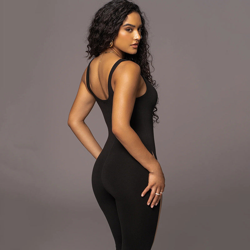 Women's Fashionable Soft Belly Contracting Stitched Backless Trousers Jumpsuit
