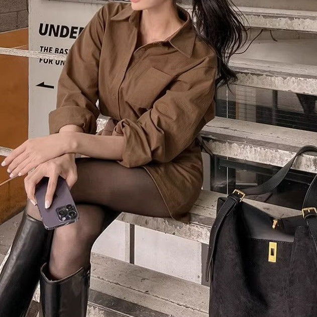 Single-breasted Waist-cinching Slimming Long-sleeve Shirt Dress