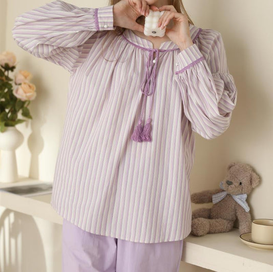 Pyjamas Women Korean Version Striped Round Neck With Simple Long Sleeve Trousers Set Cotton Home Wear