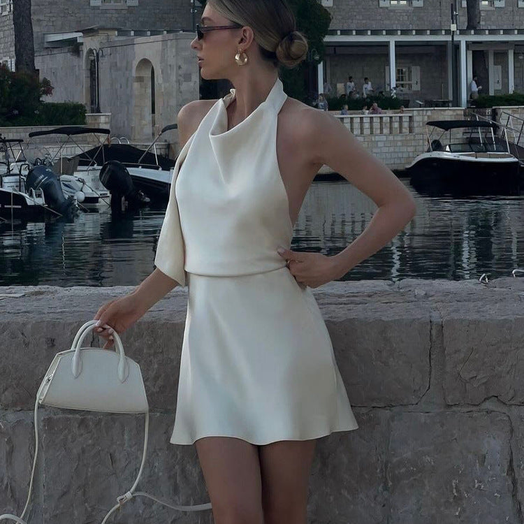 Satin Draping Halter-neck A-line Dress With Tie Details