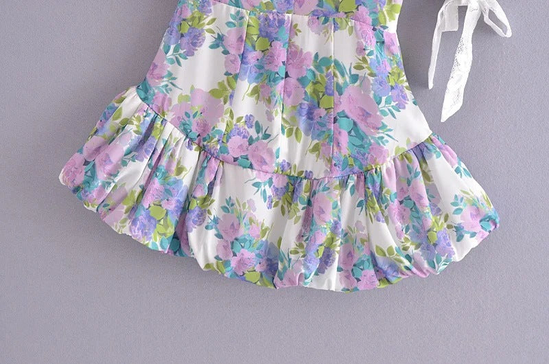 French Romantic Fantasy Asymmetric Puff Sleeve Dress Lace Lace-up Lotus Leaf Skirt
