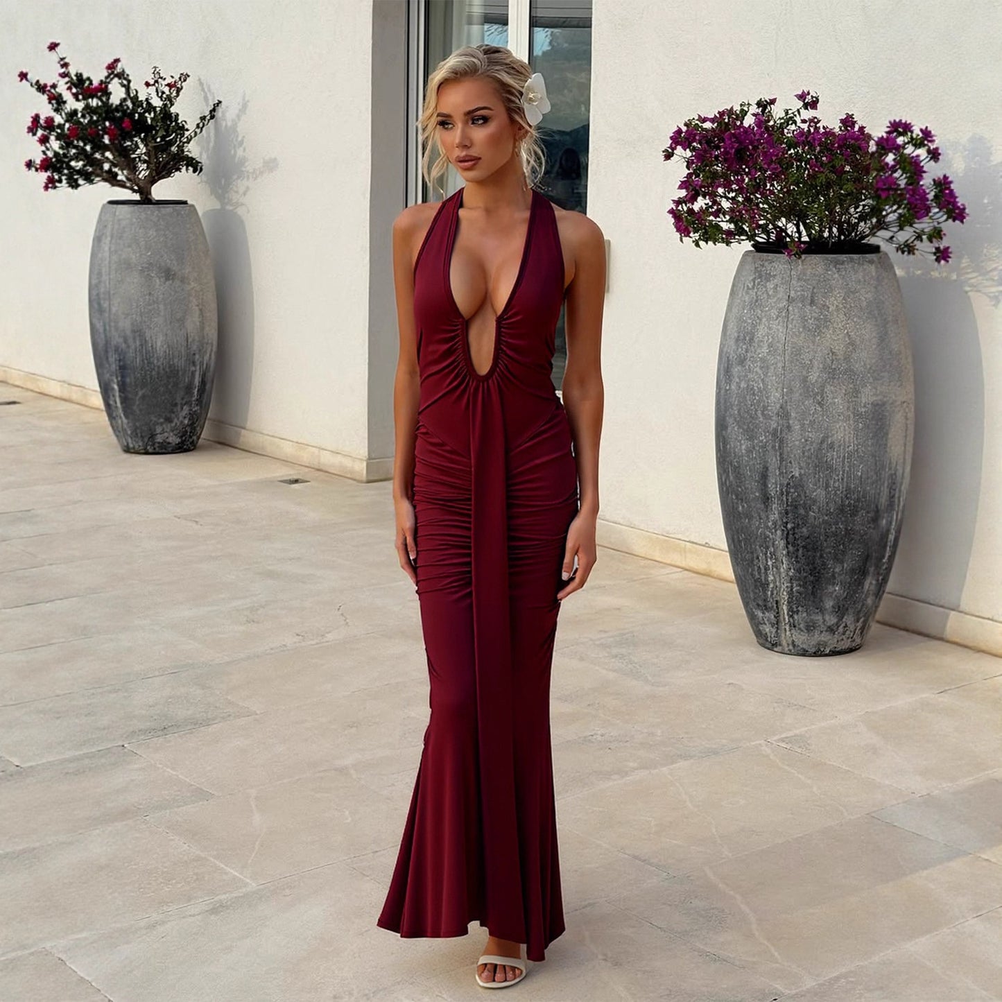 Sleeveless Long Pleated Mermaid Sexy Party Dress