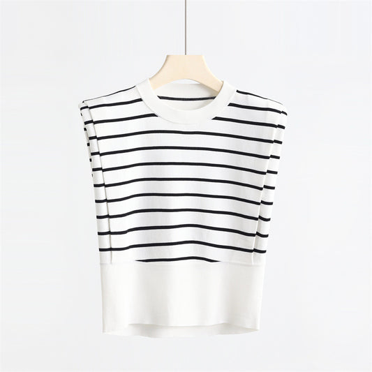 Right-angle Shoulder Sleeveless Striped Ice Silk Round Neck Vest Top Sweater