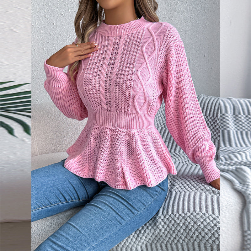 Women's Cable Knit Sweater With Peplum Hem Round Neck Ribbed Waist Top For Spring And Fall