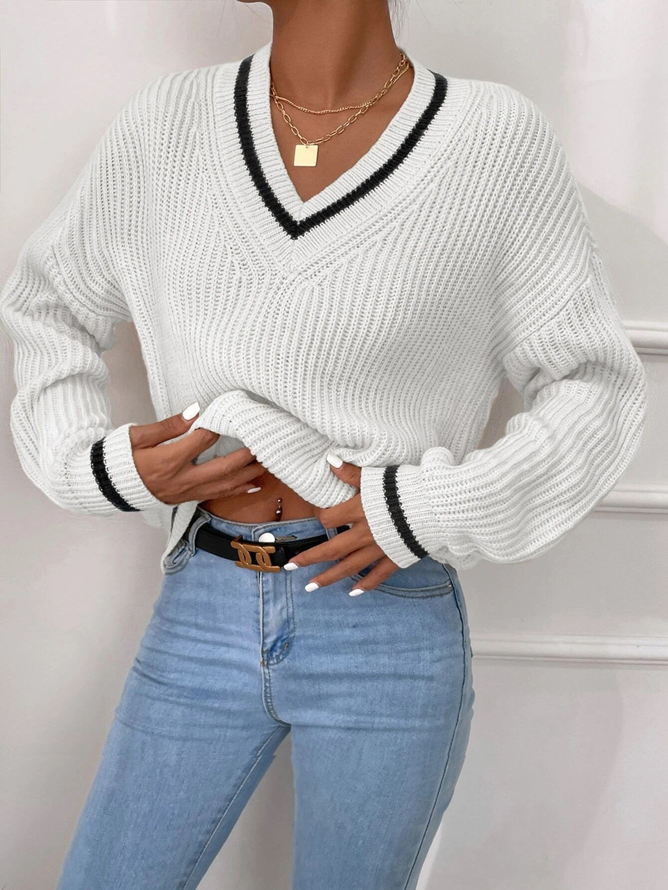 Women's Clothes Cable Knit V Neck Sweaters Casual Long Sleeve Striped Pullover Sweater Trendy Loose Preppy Jumper Top