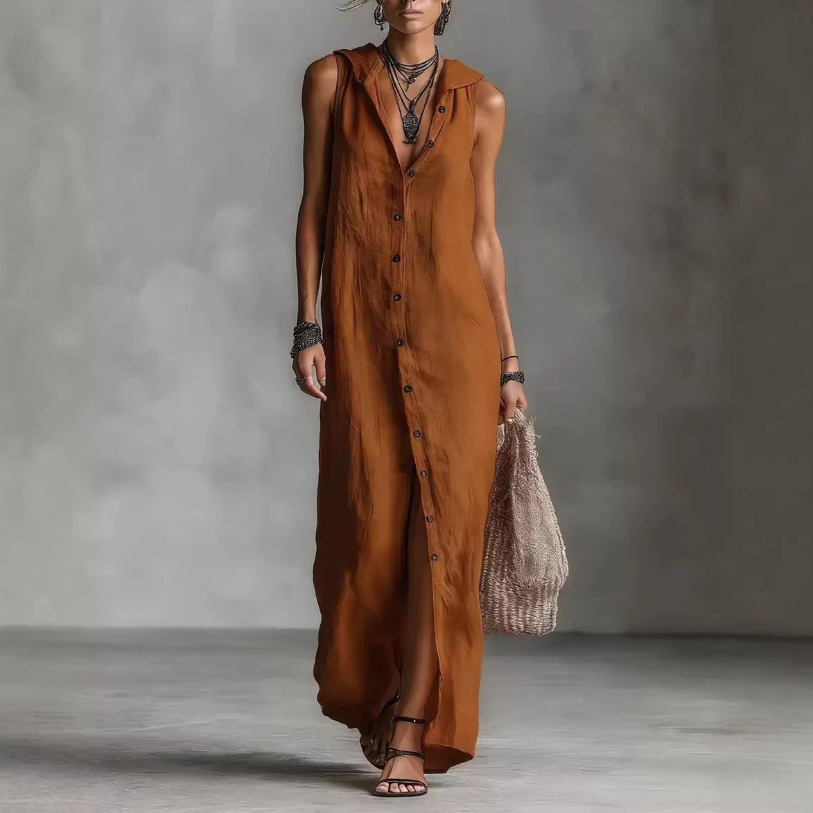 Sleeveless Hooded Maxi Dress With Button Placket Women's Clothing