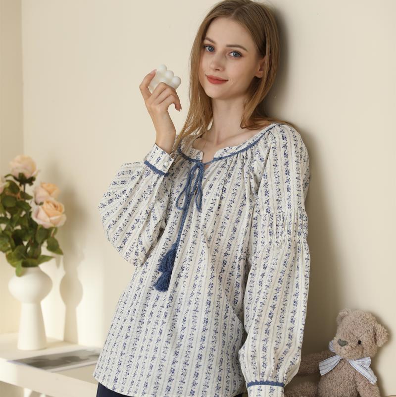 Pyjamas Women Korean Version Striped Round Neck With Simple Long Sleeve Trousers Set Cotton Home Wear