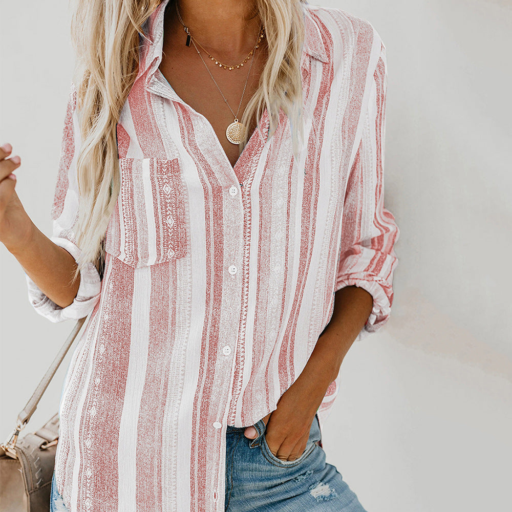 European And American Women's Clothing Striped Lapel Long-sleeved Cardigan Single-breasted Shirt For Women