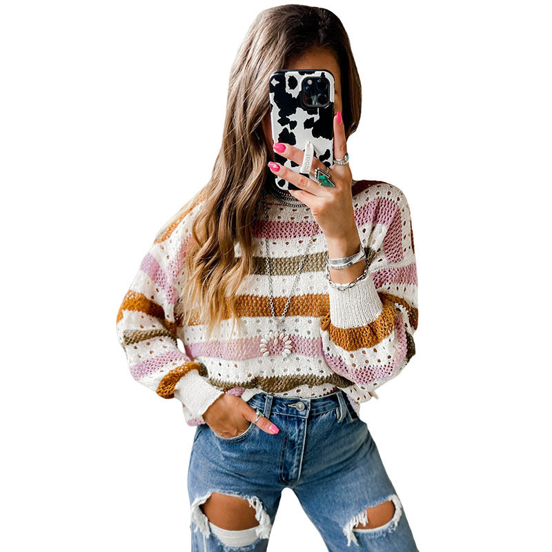 Leisure Personality Stitching Striped Round Neck Sweater