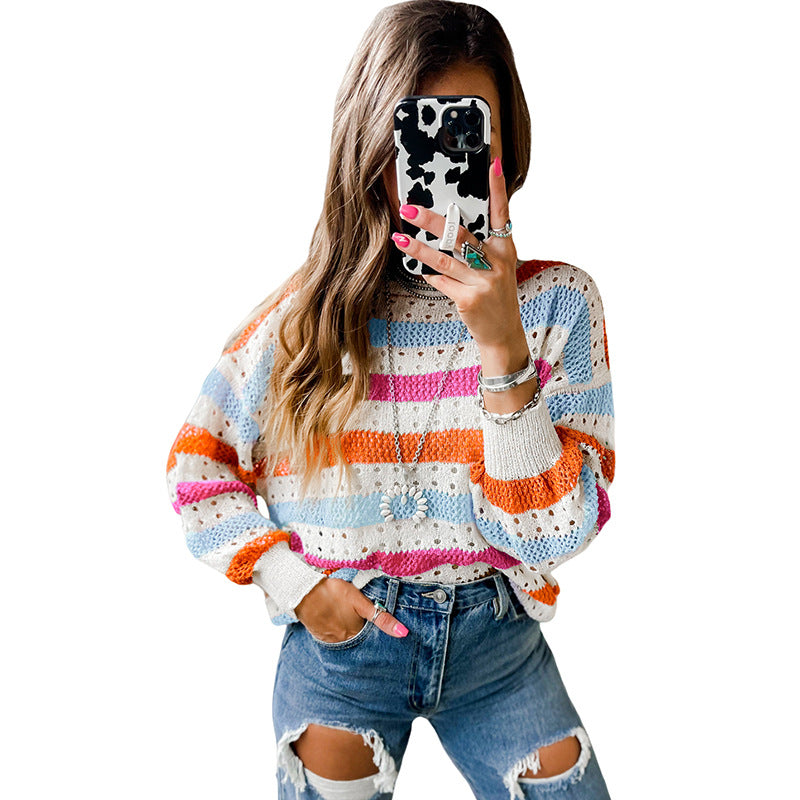 Leisure Personality Stitching Striped Round Neck Sweater