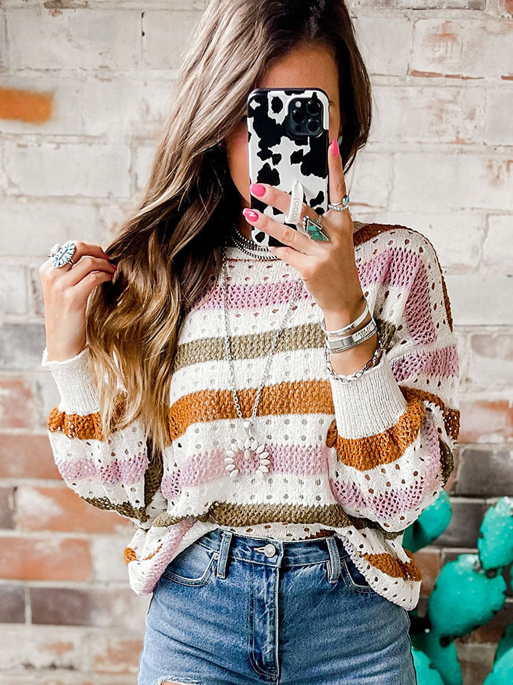 Leisure Personality Stitching Striped Round Neck Sweater