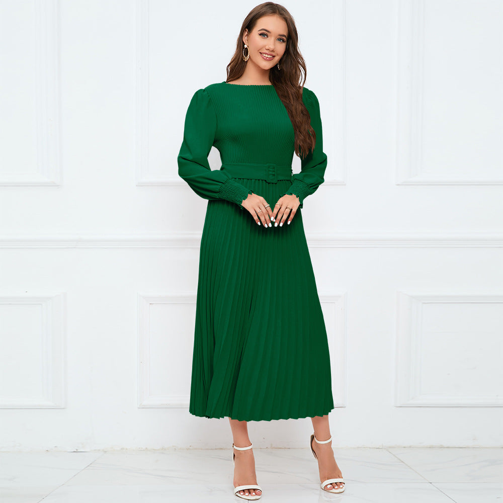 Women's Graceful And Fashionable Round Neck Bubble Long Sleeve Pleated A- Line Skirt