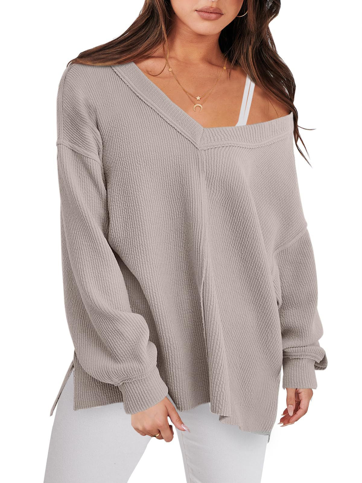 Fashion Lightweight V-neck Sweaters Women Casual Long Sleeve Ribbed Knit Side Slit Pullover Top