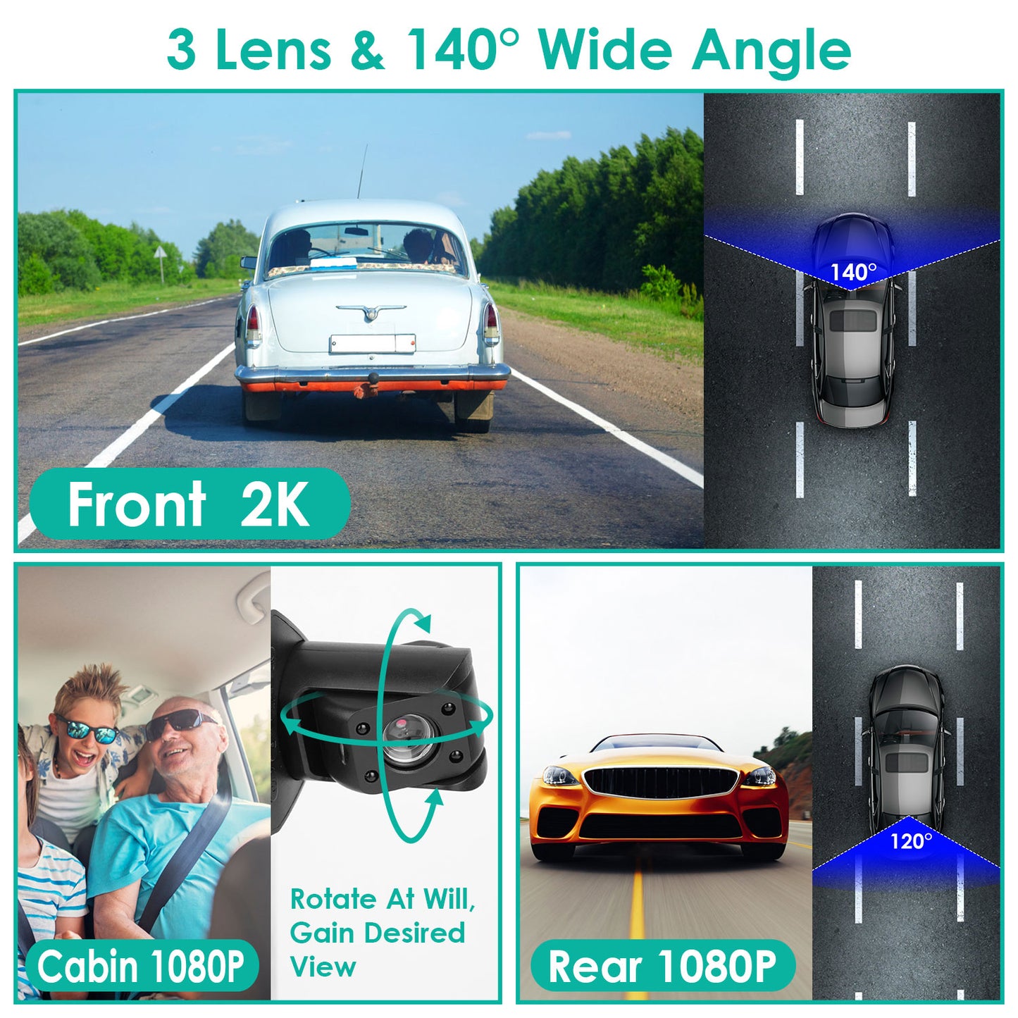2K Car DVR 3 Channel Dash Cam Camcorder Camera Recorder With 140 Degree Angle GPS WiFi Night Vision G-sensor Loop Recording Parking Monitor