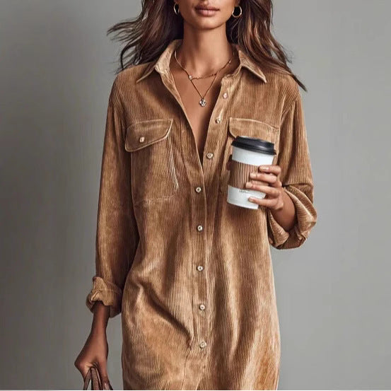 Corduroy Long Sleeve Lapel Shirt Loose Long Dress