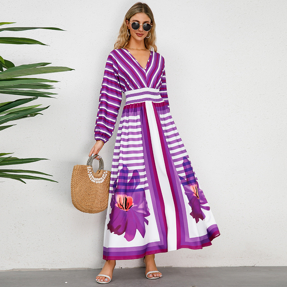 Women's Temperament Long Sleeve V-neck Swing Printed Dress