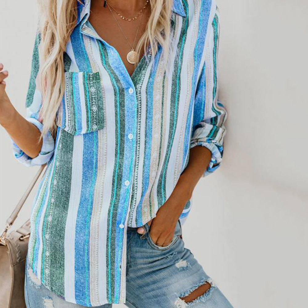 European And American Women's Clothing Striped Lapel Long-sleeved Cardigan Single-breasted Shirt For Women