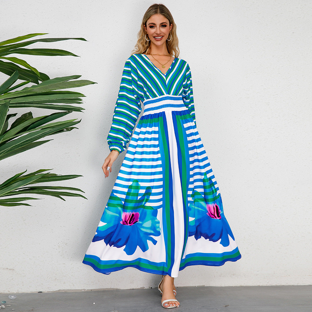 Women's Temperament Long Sleeve V-neck Swing Printed Dress