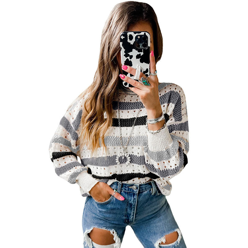 Leisure Personality Stitching Striped Round Neck Sweater
