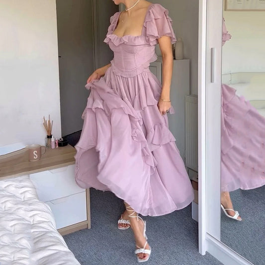 New French Sweet Ruffled Princess Style Long Dress