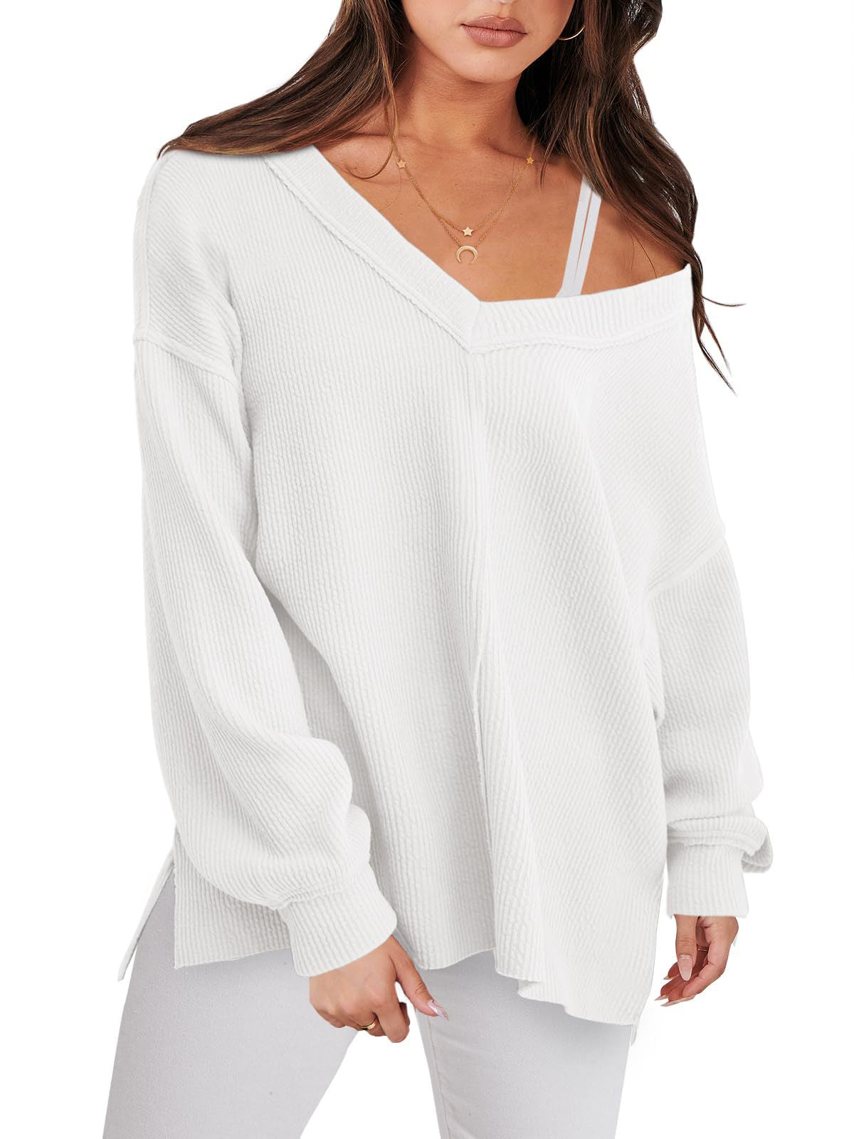 Fashion Lightweight V-neck Sweaters Women Casual Long Sleeve Ribbed Knit Side Slit Pullover Top