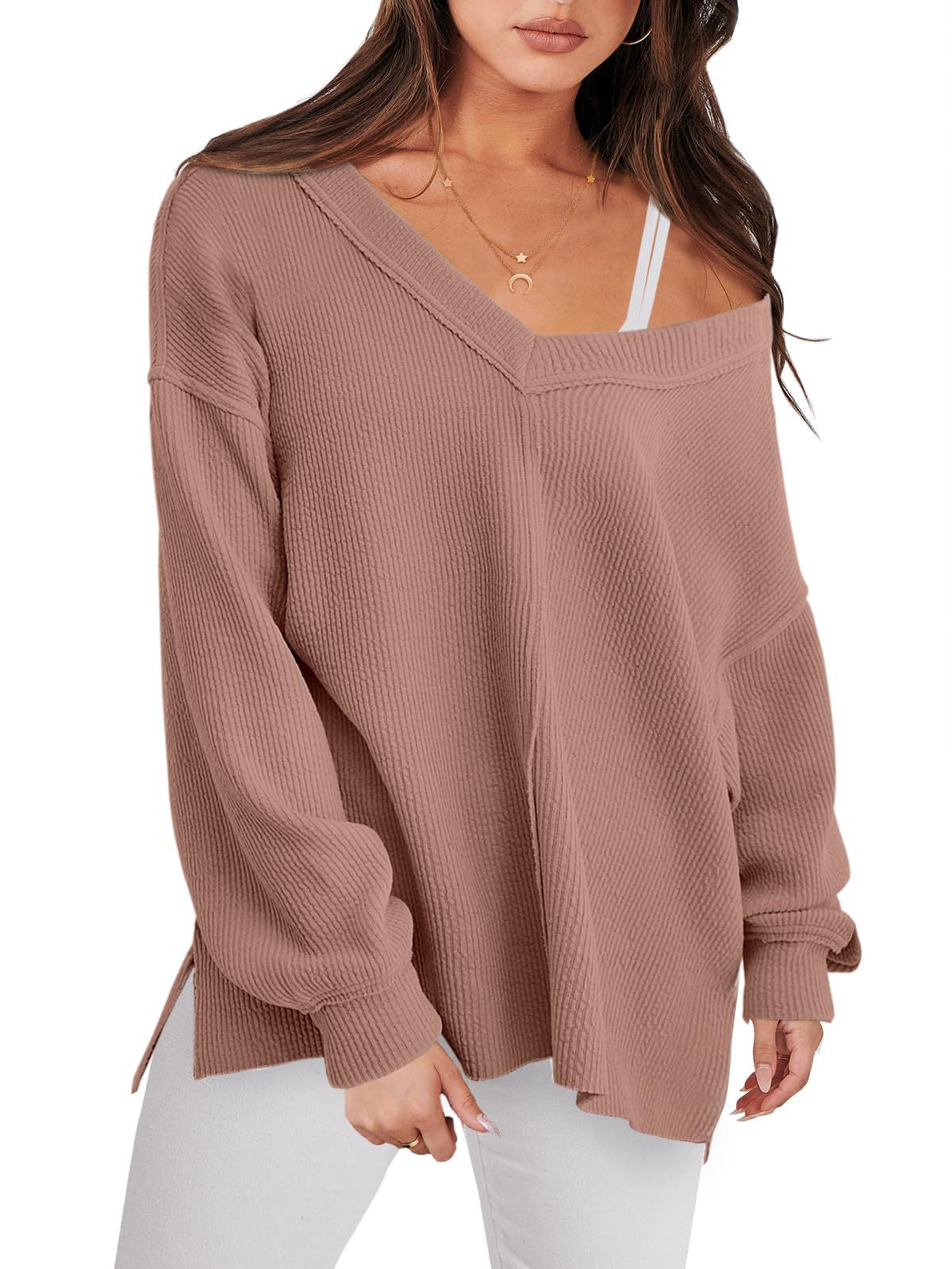 Fashion Lightweight V-neck Sweaters Women Casual Long Sleeve Ribbed Knit Side Slit Pullover Top