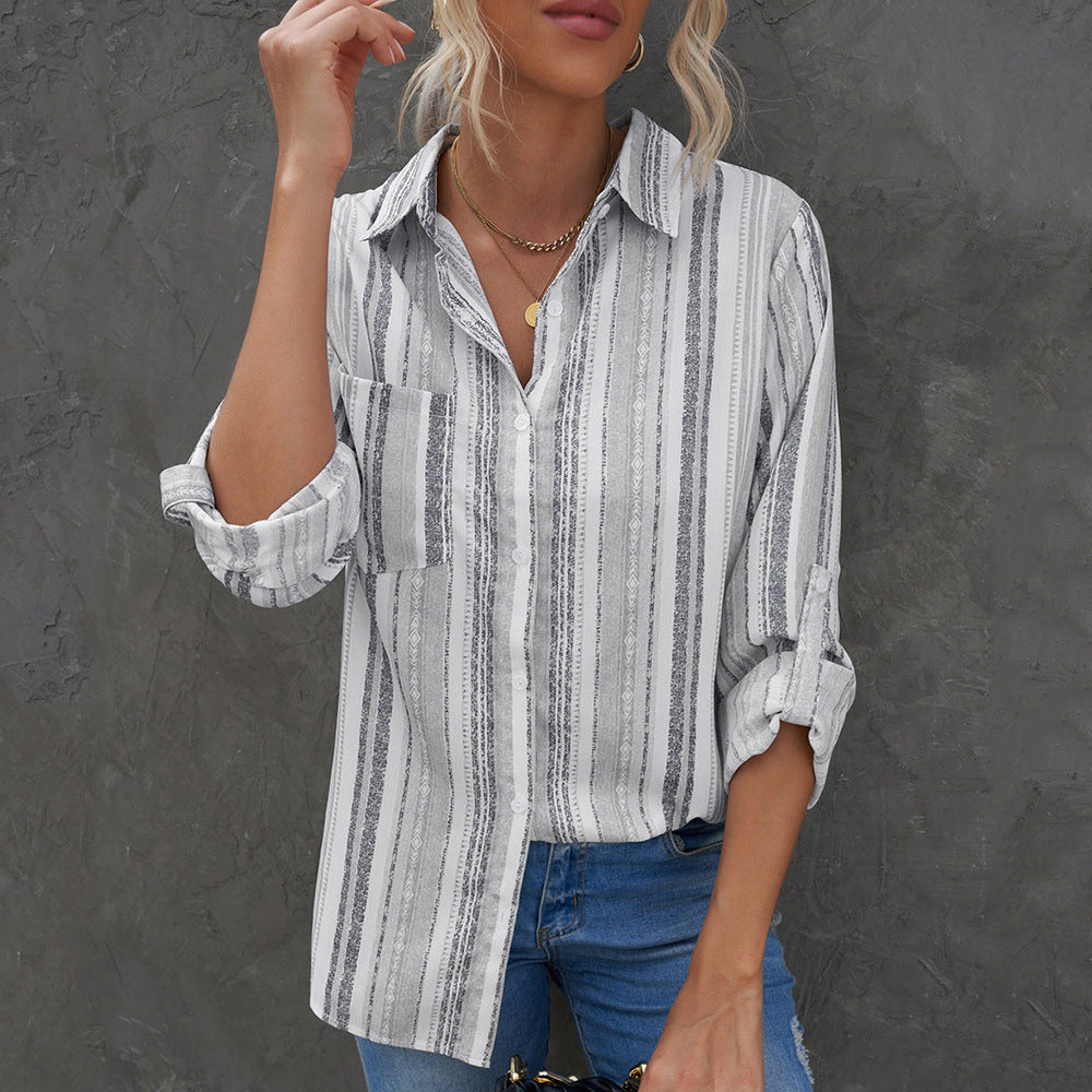 European And American Women's Clothing Striped Lapel Long-sleeved Cardigan Single-breasted Shirt For Women