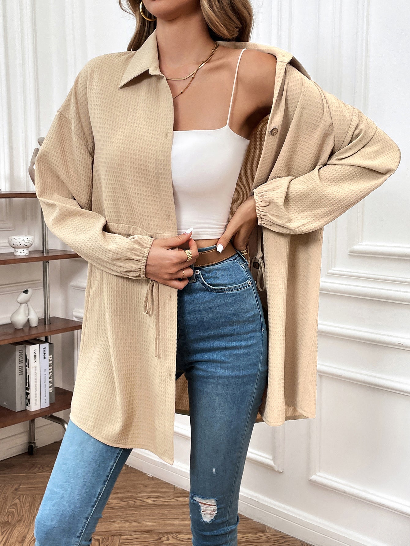Women's Fashionable Elegant Drawstring Waist Loose Long Sleeve Top