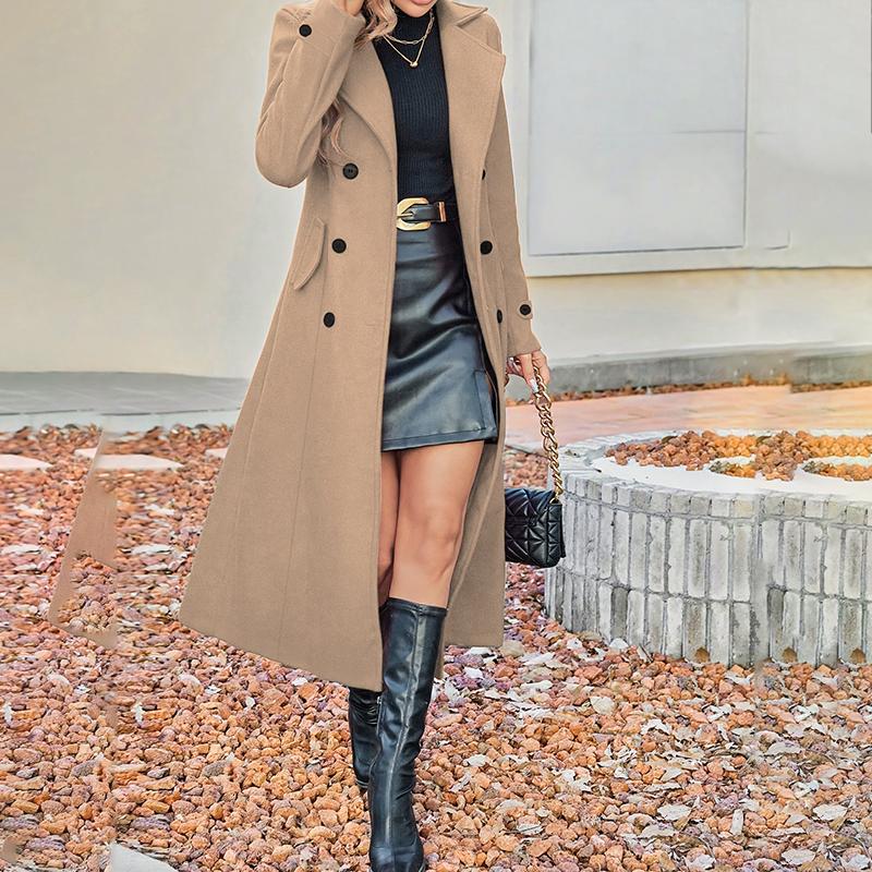 Women's Fall Winter Double Breasted Wool Coat Long Sleeve Notch Lapel Midi Long Trench Coat